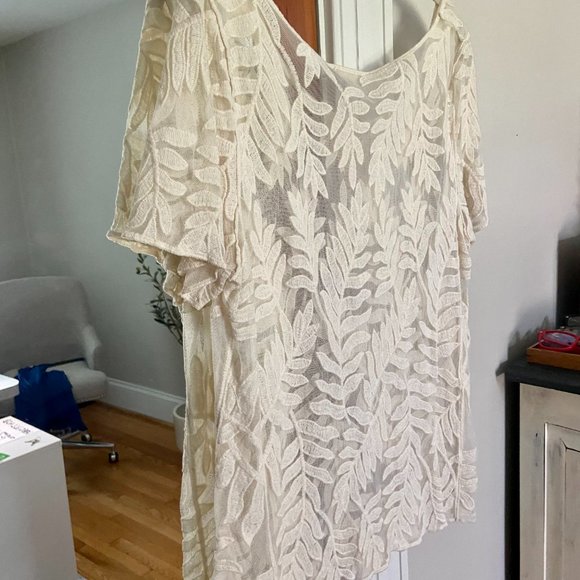 Capri Off-White Palm Leaves Embroidered Sheer Short-Sleeved Top Boho Beach [L] - Picture 6 of 6